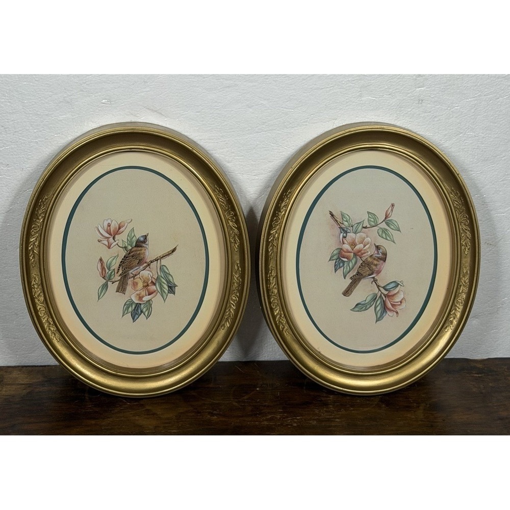 Vtg MCM 1983 Homco Home Interior Birds Grannycore Gold Oval Frame Pictures Set 2